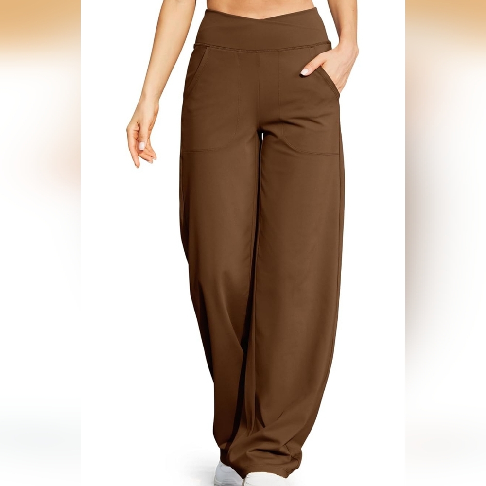 G4Free Brown High Waisted Wide Leg Yoga Pants Crossover Waistband Medium